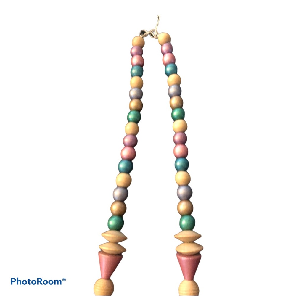 Vintage 80s Grandmacore Wood Shape Pastel Necklace‎ - Picture 4 of 5